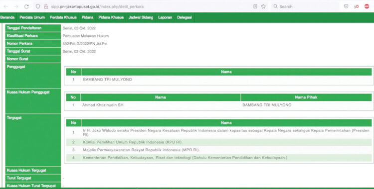 GUGUTAN—Laman Sistem Informasi Penelusuran Perkara PN Jakpus yang memuat gugatan Bambang Tri Mulyono terhadap Presdien Joko Widodo (Jokowi).