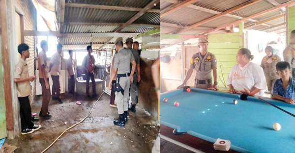 BOLOS JAM SEKOLAH— Diduga bolos sekolah, sembilan pelajar SMP diamankan petugas Satpol PP saat asyik bermain biliar di kawasan  Kurao Pagang, Kecamatan Nanggalo, Kamis (19/1).