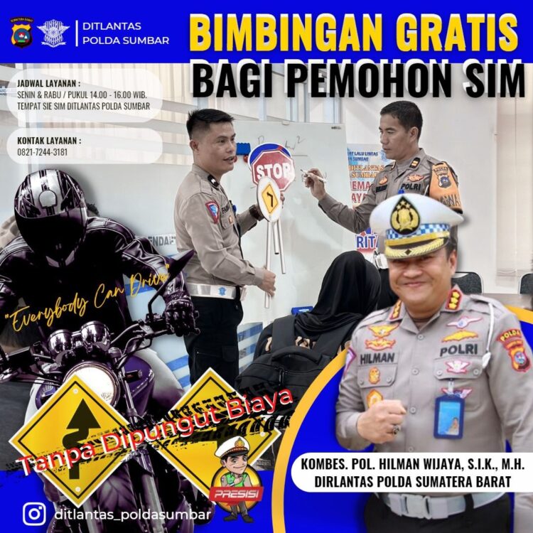 BIMBINGAN GRATIS-Ditlalantas Polda Sumbar melaunching program bimbingan gratis bagi masyarakat yang ingin membuat SIM. 
ist