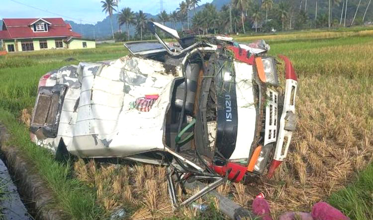 KECELAKAAN— Kondisi bus yang terguling masuk sawah di Labuah 
Luruah, Kecamatan Baso, 
Kabupaten Agam.