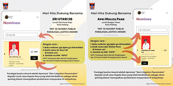 SILAKAN VOTE— Dukungan untuk dua orang lurah di Kota Padang yang tengah berjuang untuk masuk dalam Top 10 Favorit Publik Paralegal Justice Award 2023, bisa dilakukan dengan memberikan dukungan melalui ‘Vote’ pada website: pja.bphpn.go.id/kandidat.