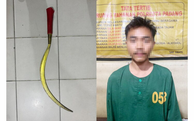 PELAKU TAWURAN— Satu dari tiga pelaku tawuran berinisial CP (19) diamankan Tim Klewang Satreskrim Polresta Padang di kawasan Sarang Gagak, Kecamatan Kuranji, Minggu (21/5)  dinihari. Pelaku dijerat atas kepemilikan senjata tajam.