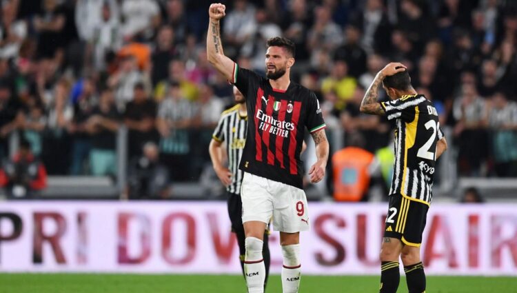 CIPTAKAN GOL— Gol tunggal Olivier Giroud kontra Juventus pada pekan ke-37 Liga Italia di Stadion Allianz, Senin (29/5) dini hari WIB, membuat AC Milan mengamankan satu tiket Liga Champions musim depan.