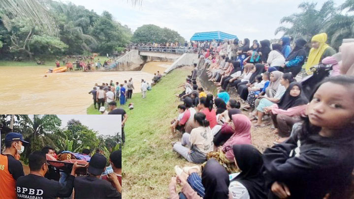 TEWAS TENGGELAM— Tim SAR gabungan mengevakuasi jenazah pelajar SMP yang tewas tenggelam di Bendungan Tembok Gadang, Kecamatan Pulau Punjung. Sementara, ratusan warga menyaksikan proses pencarian.