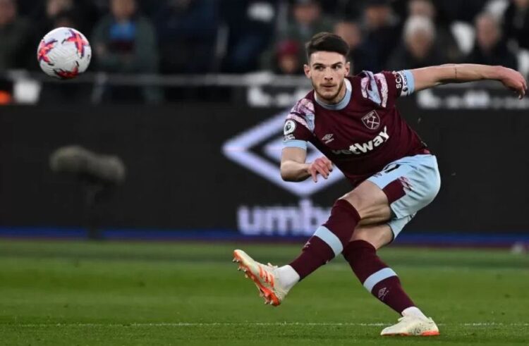 PEMAIN BIDIKAN— Kapten West Ham United Declan Rice menjadi bidikan tiga besar Premier League musim lalu. Manchester City, Arsenal, dan Manchester United.