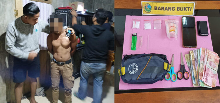 PENGEDAR— Pelaku ED (35) yang diduga sebagai pengedar sabu diringkus jajaran 
Polres Sungai Beremas, Pasbar bersama barang bukti.