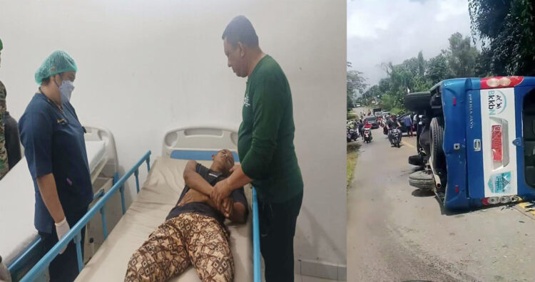 KECELAKAAN— Bus membawa rombongan anggota Paskibraka Mentawai mengalami kecelakaan. Sementara,  Pj Bupati Fernando J Simanjuntak langsung mengunjungi para korban yang dirawat di RSUD Mentawai.