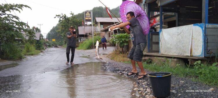 MANCING IKAN— Warga Lareh Sago Halaban melakukan aksi mancing ikan di tengah jalan yang rusak parah dan sering membahayakan bagi para pengendara.
