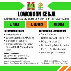 SMP IT PI Simalanggang Buka Lowongan Guru Bahasa dan MIPA 2 PHOTO 2023 08 14 12 03 47