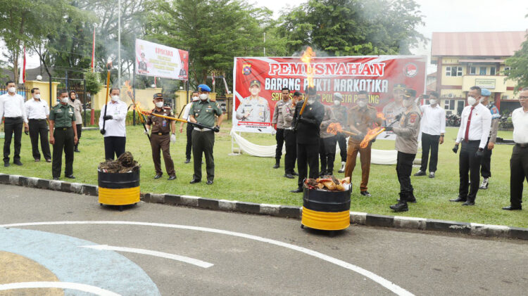 PEMUSNAHAN— Proses pemunsahan barang bukti sabu dan ganja di Mapolresta Padang.