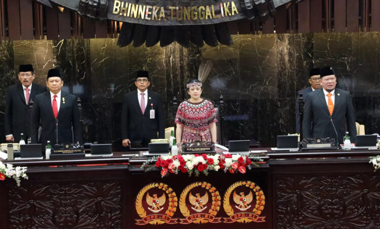 SIDANG TAHUNAN— Ketua MPR Bambang Soesatyo bersama Ketua DPR Puan Maharani dan Ketua DPD AA Lanyalla Mahmud Mattalitti  memimpin Sidang Tahunan MPR dan Sidang Bersama DPR - DPD Tahun 2023.