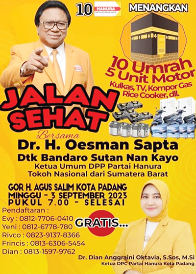 Jalan Sehat Hanura bersama OSO, Dorprize 10 Paket Umrah dan 5 Motor 1 hanura