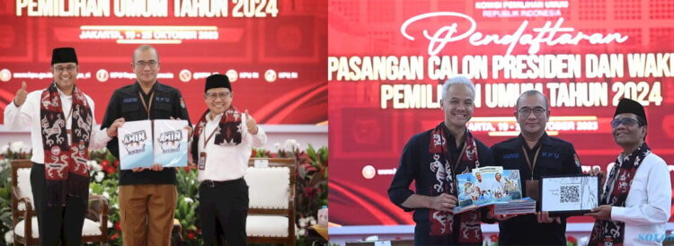 MENDAFTAR— Pasangan Capres dan Cawapres, Anie-Cak Imin serta Ganjar-Mahfud menyerahkan berkas pendaftaran secara simbolis ke Ketua KPU RI.