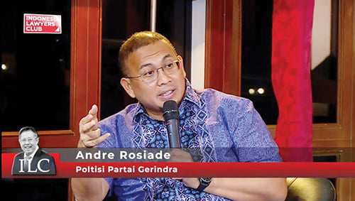 NARASUMBER— Anggota Dewan Pembina Partai Gerindra Andre Rosiade saat menjadi salah satu narasumber Indonesia Lawyers Club (ILC), Kamis (19/10) yang berjudul “MK buka jalan tol untuk dinasti, PDIP tutup pintu untuk Gibran.”