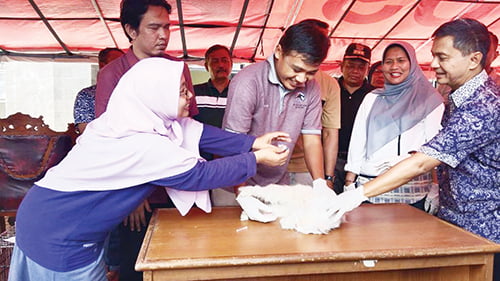 VAKSINASI HEWAN PELIHARAAN— Petugas Dinas Pertanian Kota Padang menyuntikkan dosis vaksin rabies terhadap hewan peliharaan warga, saat peringatan Hari Rabies se-Dunia, Sabtu (7/10) di halaman kantor Camat Padang Barat.