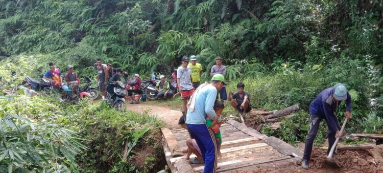 Jeritan Warga Rurapatontang, Jalan Rusak Puluhan Tahun: Kapan Ekonomi Kami Bangkit? 1 BERGORO—Dengan swadaya masyarakat, warga Rurapatontang bergotong-royong memperbaiki salah satu jembatan yang rusak.