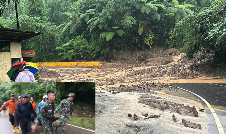 LONGSOR— Jalan penghubung Sumbar-Riau di Kecamatan Kecamatan Harau dan Kecamatan Pangkalan Koto Baru, Kabupaten Limapuluh Kota diterjang longsor, banjir dan terban, sehingga tidak bisa dilewati kendaraan.