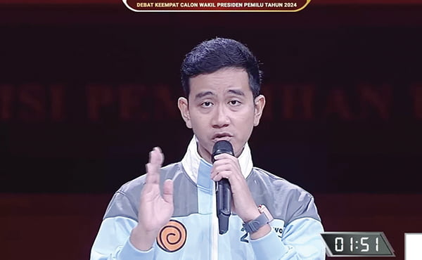 DEBAT— Calon Wakil Presiden (Cawapres) nomor urut dua, Gibran Rakabuming Raka saat debat keempat.