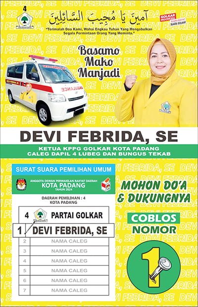 Caleg DPRD Kota Padang Devi FebridaSE dapil 4 Kecamatan Lubuk Begalung Bungus Teluk Kabung No urut 1 dari Partai Golkar