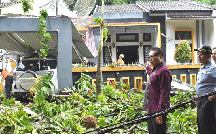 2 Rumah dan Mobil Rusak Tertimpa Pohon Tumbang 1 POHON TUMBANG— Pj Wali Kota Payakumbuh Jasman
saat meninjau pohon tumbang yang menimpa dua rumah
dan satu mobil.