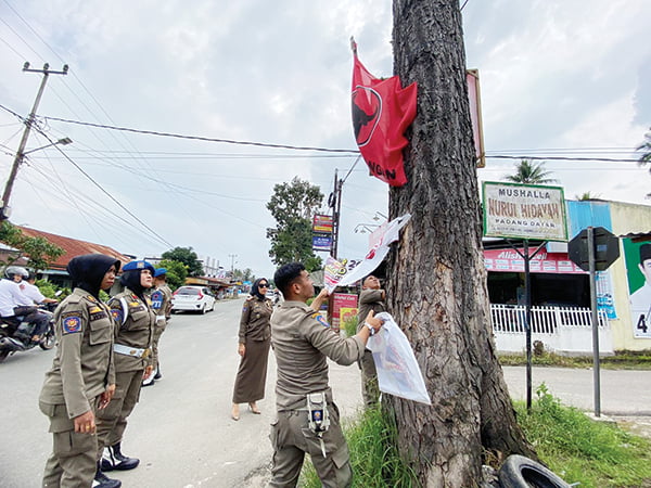 PEMBONGKARAN APK— Satpol PP Kota Payakumbuh melakukan penertiban dan pembongkaran terhadap APK Caleg dan atribut parpol lainnya yang terpasang di pohon dan tiang listrik, Senin (22/1).