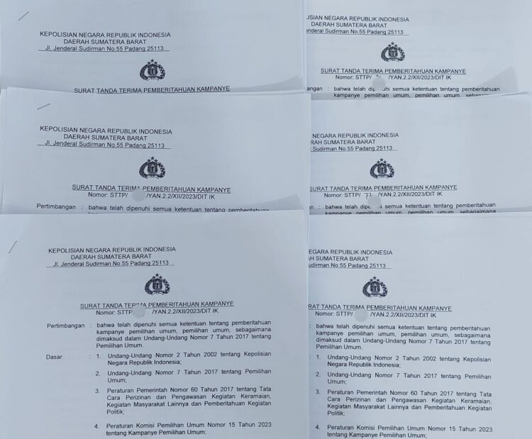 ILUSTRASI— Surat Tanda Terima Pemberitahuan (STTP) Kampanye Pemilu 2024 yang diterbitkan Ditintelkam Polda Sumbar.