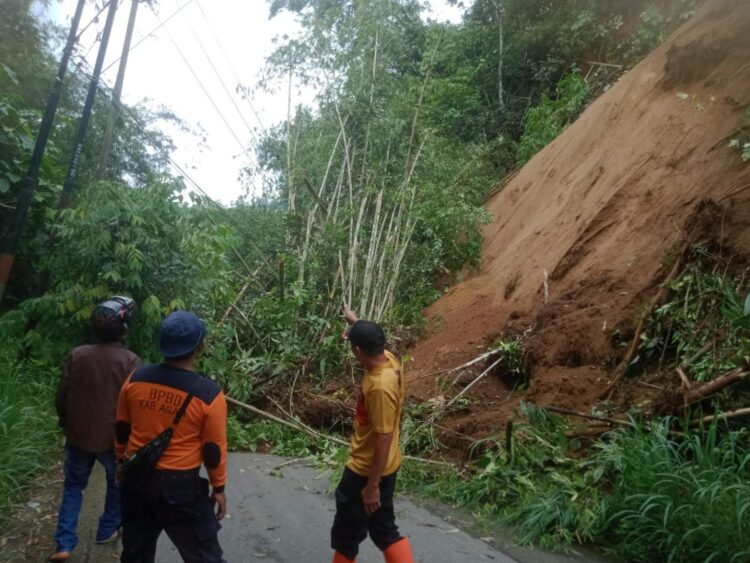 LONGSOR— Salah satu titik longsor yang terjadi di Kelok 5 Pendakian Bukik Apiak Sianok, Nagari Sianok VI Suku, Kecamatan Ampek Koto dengan menutupi jalan sepanjang 8-10 meter dan tinggi 1-1,5 meter, Senin (1/1) sekitar pukul 13.36 WIB.