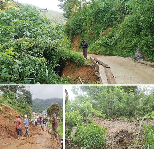 TANAH LONGSOR— Masyarakat sedang berupaya menangani dampak tanah longsor secara manual, terutama ruas jalan yang ditimbun material longsor tapi belum maksimal.