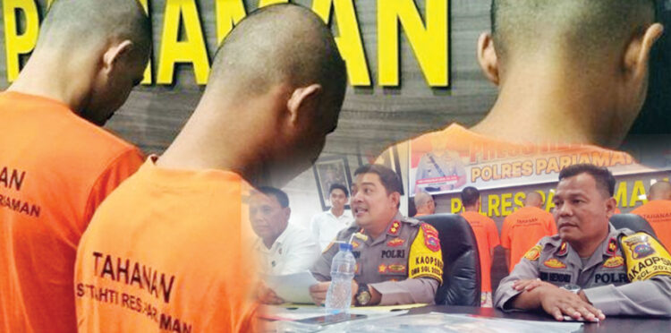 PESTA SABU— Kapolres Pariaman, AKBP Andreanaldo Ademi didampingi Wakapolres Kompol Jon Hendri saat memaparkan penangkapan tiga pelaku yang kepergok pesta sabu.