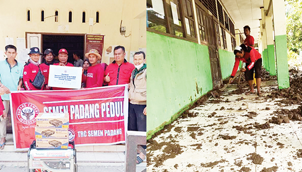 SEMEN PADANG PEDULI— Tim Reaksi Cepat Semen Padang terus bergerak membantu masyarakat khususnya di daerah yang terdampak banjir di daerah Surantih, Kecamatan Sutera, Kabupaten Pesisir dan daerah lainnya. TRC juga memberssihkan lumpur dan membagikan air bersih.