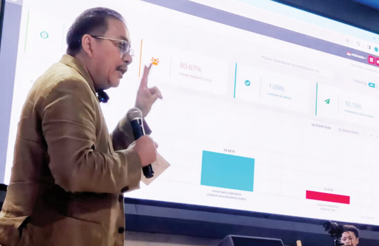 KONFERENSI PERS— Denny Januar Ali selaku Pendiri Lingkaran Survei Indonesia (LSI) Denny JA saat konferensi pers hasil analisis temuan exit poll dan Quick Count pemilu 2024 di Kantor LSI, Rawamangun, Jakarta Timur.