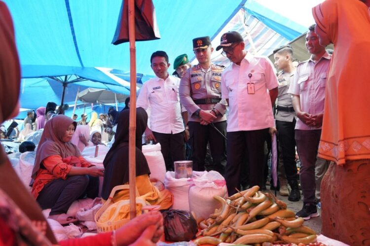 PANTAU HARGA— Bupati Solok Selatan H. Khairunas saat memantau harga pangan jelang Lebaran Idul Fitri 1445 Hijriah di pasar tradisonal, kemarin.