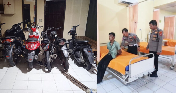 PENCURI MOTOR— Pelaku Gitok (28) yang babak belur dihajar massa dibawa ke rumah sakit. Sedangkan enam unit sepeda motor hasil curiannya diamankan di Mapolsek Pauh.