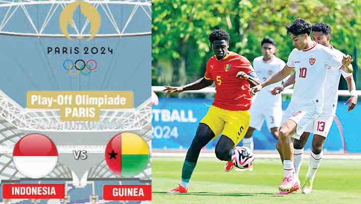 Pemain Indonesia U-23 Rafael Struick berusaha melewati pemain pelakang Guinea U-23 Saidou Sow. Timnas Indonesia U-23 harus mengakui kemenangan 1-0 Guinea U-23 pada laga playoff Olimpiade 2024 yang berlangsung di INF Clairefontaine, Prancis, Kamis (9/5) malam WIB.