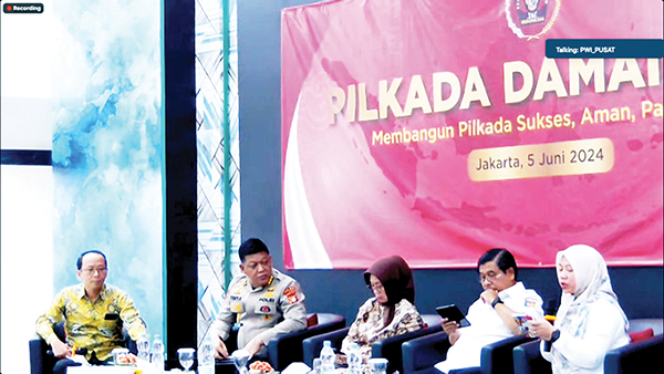 DISKUSI— Suasana diskusi Pilkada Damai 2024 yang diselenggarakan di Hall Dewan Pers, Jakarta Pusat, Rabu (5/6).