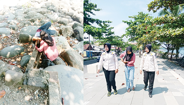 Tak Sadari Kedatangan Petugas, Pasangan Sejoli Kepergok Asyik Memadu Kasih di Pantai Padang 1 KEPERGOK PETUGAS— Pasangan sejoli yang tengah asyik memadu kasih di batu grip Pantai Padang kepergok petugas rutin Satpol PP yang sedang melakukan patroli di kawasan wisata itu, Kamis (27/6). Keduanya tak menyadari akan hadirnya petugas penegak perda tersebut.