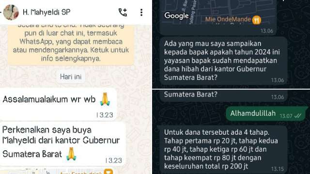 Marak Penipuan Lewat WhatsApp Catut Nama Gubernur Mahyeldi, Pemprov Koordinasi dengan Polisi Memburu Pelaku 1 PENIPUAN— Pesan whatsapp berkedok penipuan yang mengatasnamakan Gubernur Sumbar, Mahyeldi.