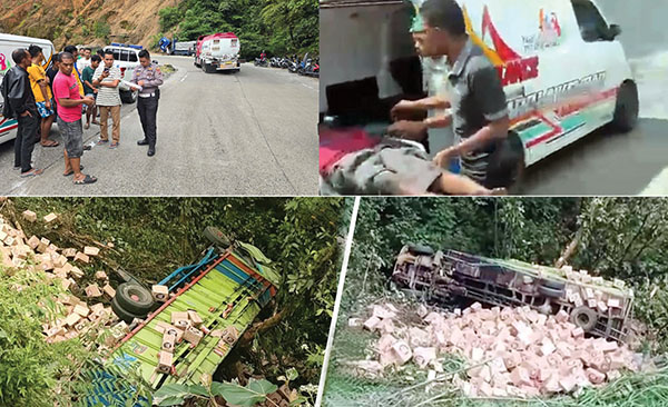 MASUK JURANG— Truk bermuatan ciki masuk jurang di Sitinjau Lauik, Kota Padang.