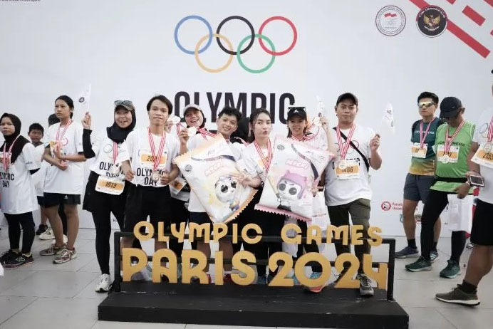 DUKUNGAN— NOC dan Aice selenggarakan Olympic Day bertajuk Menjaga Merah Putih pada 27 Juni untuk memberikan dukungan kepada seluruh atlet Indonesia yang akan berlaga di Olimpiade Paris 2024.