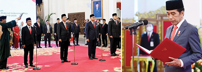 PELANTIKAN— Presiden Jokowi melantik tiga jabatan menteri dan satu wakil menteri Kabinet Indonesia Maju 
dalam sisa masa jabatan periode tahun 2019-2024.
