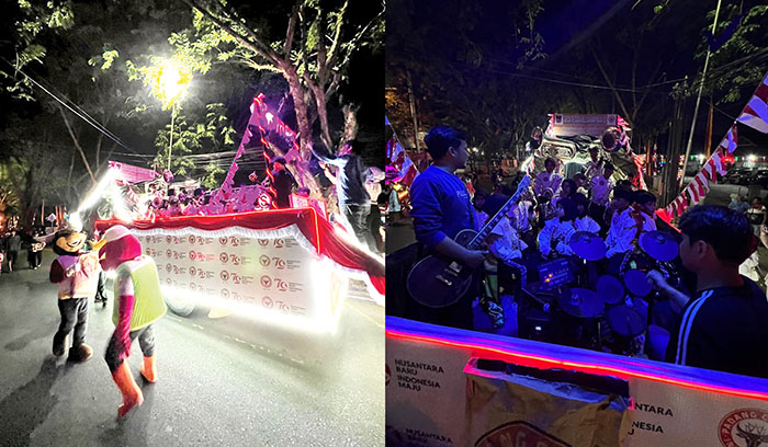 MERAH PUTIH CARNIVAL— Mengusung tema “Geosite Gua Kelelawar Padayo”, PT Semen Padang menampilkan Marching Band Semen Padang (MBSP) dan dua maskot dengan mengenakan ikon PT Semen Padang (Tanduak Kabau), saat acara Merah Putih Lights Carnival yang digelar Pemprov Sumbar untuk memeriahkan HUT ke-79 RI, Minggu (18/8) malam.