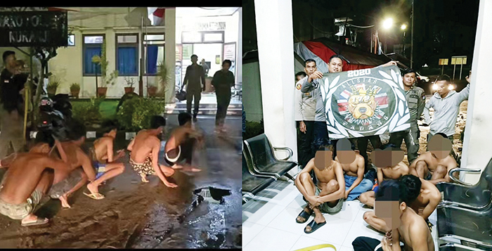 DIAMANKAN PETUGAS— Sebanyak enam remaja yang diduga akan melakukan tawuran diamankan petugas Satpol PP di kawasan Pasar Ambacang, Rabu (28/8) dinihari WIB. Para remaja ini akhirnya diserahkan ke Polsek Kuranji bersama sejumlah barang bukti.