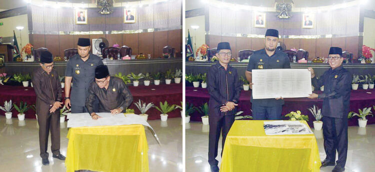 Eksekutif dan Legislatif Harmonis, Penetapan Perubahan APBD Sijunjung Tahun 2024 Tepat Waktu 1 APBD PERUBAHAN— Bupati Sijunjung Benny Dwifa Yuswir bersama Ketua DPRD Bambang Surya Irwan dan Wakil Ketua Redi Susilo menandatangi pengesahan APBD Perubahan Tahun 2024 di Gedung DPRD Sijunjung, Kandang Baru.