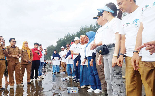 Penyu jadi Maskot Resmi Padang 1 PELEPASAN PENYU— Pj Wako Padang Andree Algamar bersama Pj Ketua TP-PKK Kota Padang, Putri Sari Ivanny, melakukan pelepasan 355 tukik atau anak penyu di Pantai Air Manis, Kelurahan Air Manis, Kecamatan Padang Selatan, Senin (5/8) sore.