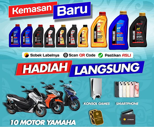 Sobek Label Yamalube, Dapatkan Kesempatan Raih Gebyar Hadiah Menarik 1 GEBYAR HADIAH-Yamaha mengadakan program Gebyar Hadiah Sobek Label Yamalube yang masih berlangsung hingga 31 Maret 2024 dengan ratusan juta hadiah langsung dan hadiah sepeda motor.
