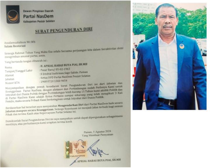 Tidak Sesuai Dengan Prinsip, Ketua DPD Partai Nasdem Pessel Aprial Abbas Mengundurkan Diri 1 ab9c7926 301d 43c7 afae 9e8dc1c3491a
