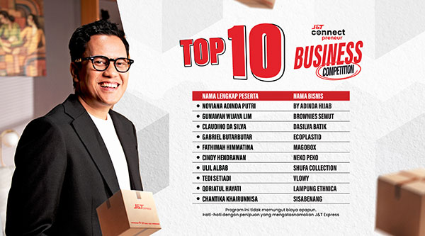 Inkubasi Bisnis J&T Connect Preneur Umumkan 10 Pemenang Modal Usaha 300 Juta Rupiah 1 berskala global-J&T Express sebagai perusahaan logistik berskala global baru saja merampungkan rangkaian inkubasi bisnis J&T Connect Preneur dengan lebih dari 300 seller pendaftar di seluruh Indonesia.