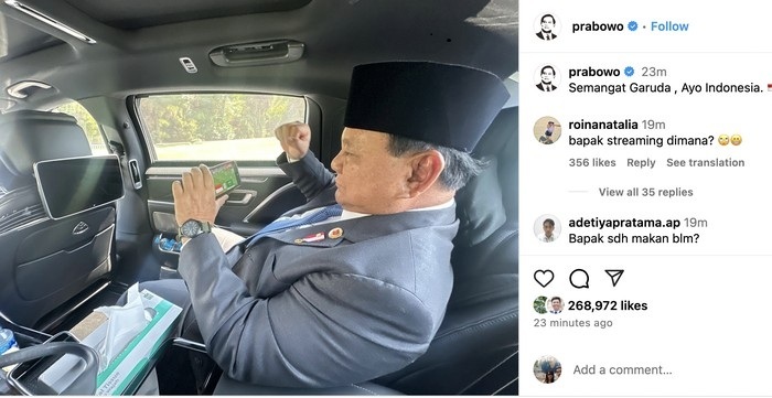 menyaksikan pertandingan--Presiden RI Prabowo Subianto menyaksikan pertandingan Timnas Indonesia vs Arab Saudi di tengah kesibukan menghadiri KTT G20 di Rio de Janeiro, Brasil, Selasa (19/11/2024).