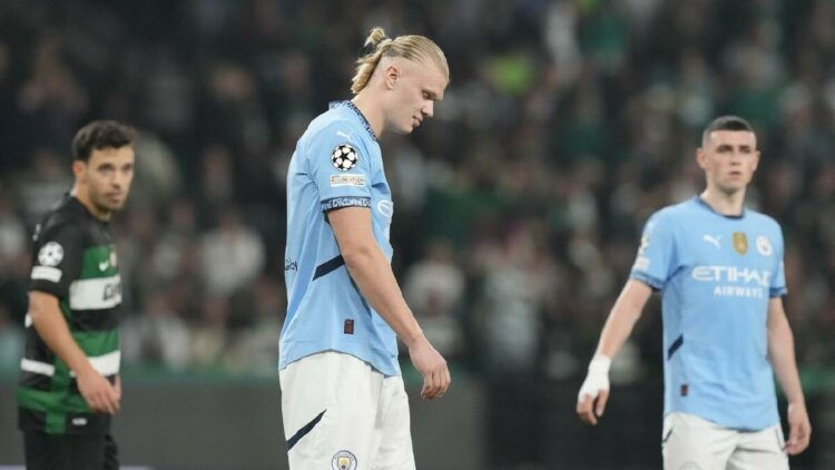 KECEWA— Pemain Manchester City mengungkapkan kekecewaannya usai dilumat oleh Sporting CP dengan skor 4-1 di Liga Champions UEFA, Rabu (6/11) dini hari WIB.