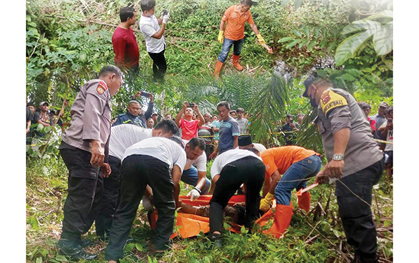 Pemuda 22 Tahun Tewas Kesetrum Kabel Pompa Air, Korban Kabur dari Rumah, Ditemukan Tertelungkup 1 OLAH TKP— Tim Polres Dharmasraya saat melakukan olah TKP penemuan mayat di ladang sawit milik warga di Nagari Koto Ranah, Kecamatan Koto Besar, Dharmasraya Senin (30/12).